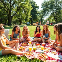 A vibrant group of friends enjoying a sunny day at a park