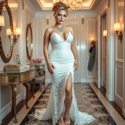 A full length photograph of a curvy 19-year-old girl with a thin face and beautiful blond hair styled in an elegant updo