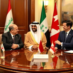 Three presidents seated at a round table, representing Iraq, Yemen, and Canada