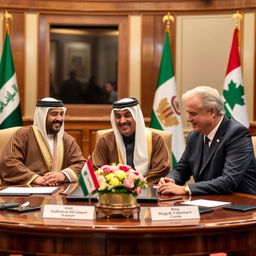 Three presidents seated at a round table, representing Iraq, Yemen, and Canada