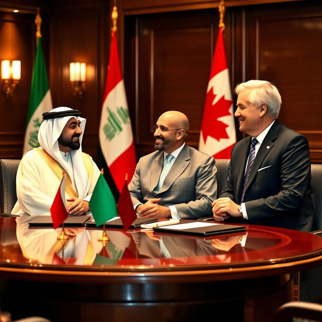 Three presidents seated at a round table, representing Iraq, Yemen, and Canada