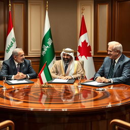 Three presidents seated at a round table, representing Iraq, Yemen, and Canada