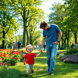 A heartwarming scene of a father and his small son walking hand in hand in a lush green park