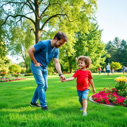 A heartwarming scene of a father and his small son walking hand in hand in a lush green park