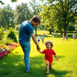 A heartwarming scene of a father and his small son walking hand in hand in a lush green park