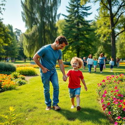 A heartwarming scene of a father and his small son walking hand in hand in a lush green park