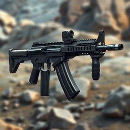 A highly detailed and realistic illustration of an AK117 assault rifle, showcasing its unique features including a sleek modern design, adjustable stock, and tactical accessories