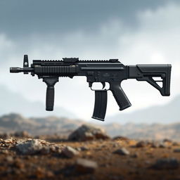 A highly detailed and realistic illustration of an AK117 assault rifle, showcasing its unique features including a sleek modern design, adjustable stock, and tactical accessories