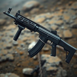 A highly detailed and realistic illustration of an AK117 assault rifle, showcasing its unique features including a sleek modern design, adjustable stock, and tactical accessories