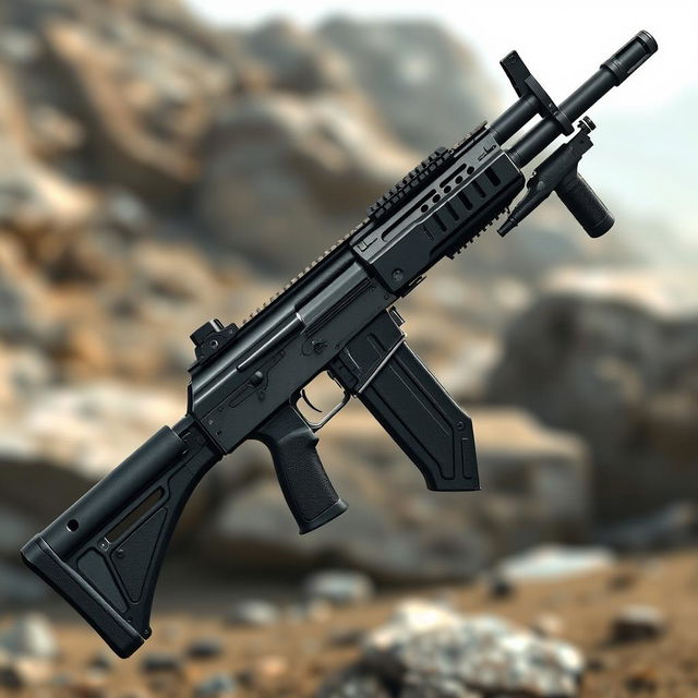 A highly detailed and realistic illustration of an AK117 assault rifle, showcasing its unique features including a sleek modern design, adjustable stock, and tactical accessories