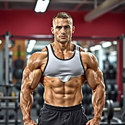 A muscular man standing confidently, showcasing an impressive physique, with defined muscles and a strong posture