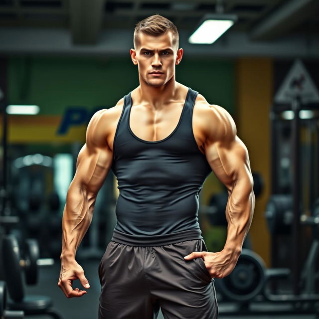 A muscular man standing confidently, showcasing an impressive physique, with defined muscles and a strong posture