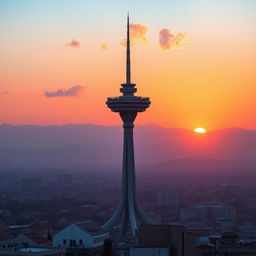 A stunning view of the Milad Tower, also known as the Tehran Tower, standing tall against a vibrant sunset