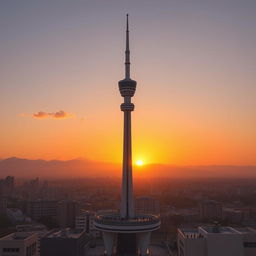 A stunning view of the Milad Tower, also known as the Tehran Tower, standing tall against a vibrant sunset