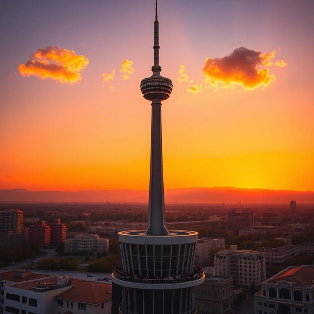 A stunning view of the Milad Tower, also known as the Tehran Tower, standing tall against a vibrant sunset