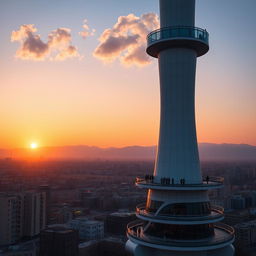 A stunning view of the Milad Tower, also known as the Tehran Tower, standing tall against a vibrant sunset