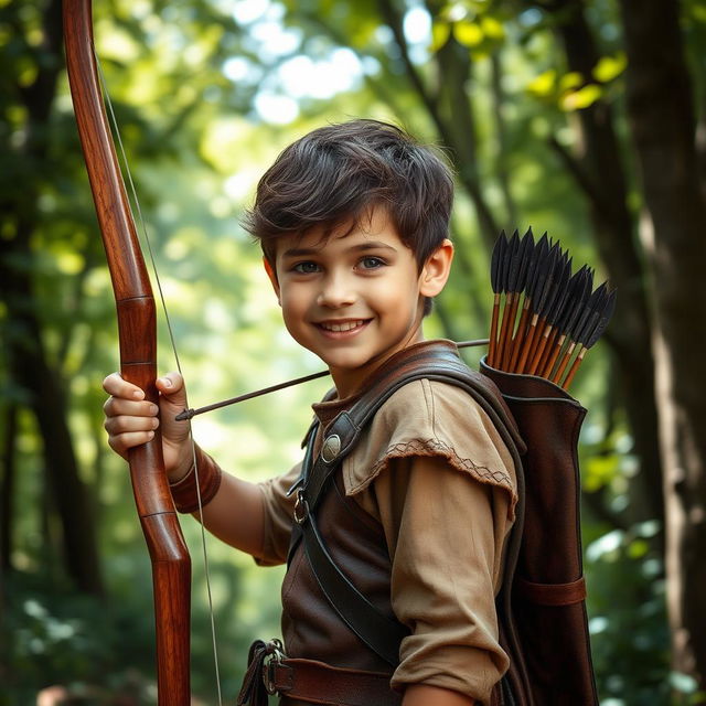 A young boy in a serene forest, confidently holding a traditional wooden bow with a quiver of arrows slung over his shoulder