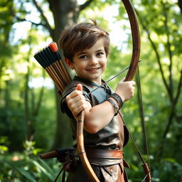 A young boy in a serene forest, confidently holding a traditional wooden bow with a quiver of arrows slung over his shoulder