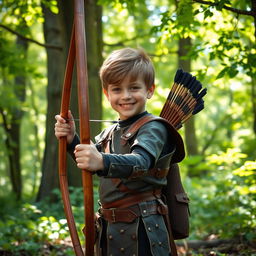 A young boy in a serene forest, confidently holding a traditional wooden bow with a quiver of arrows slung over his shoulder