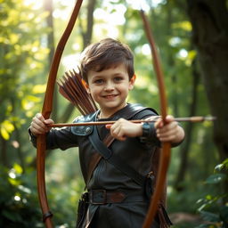 A young boy in a serene forest, confidently holding a traditional wooden bow with a quiver of arrows slung over his shoulder