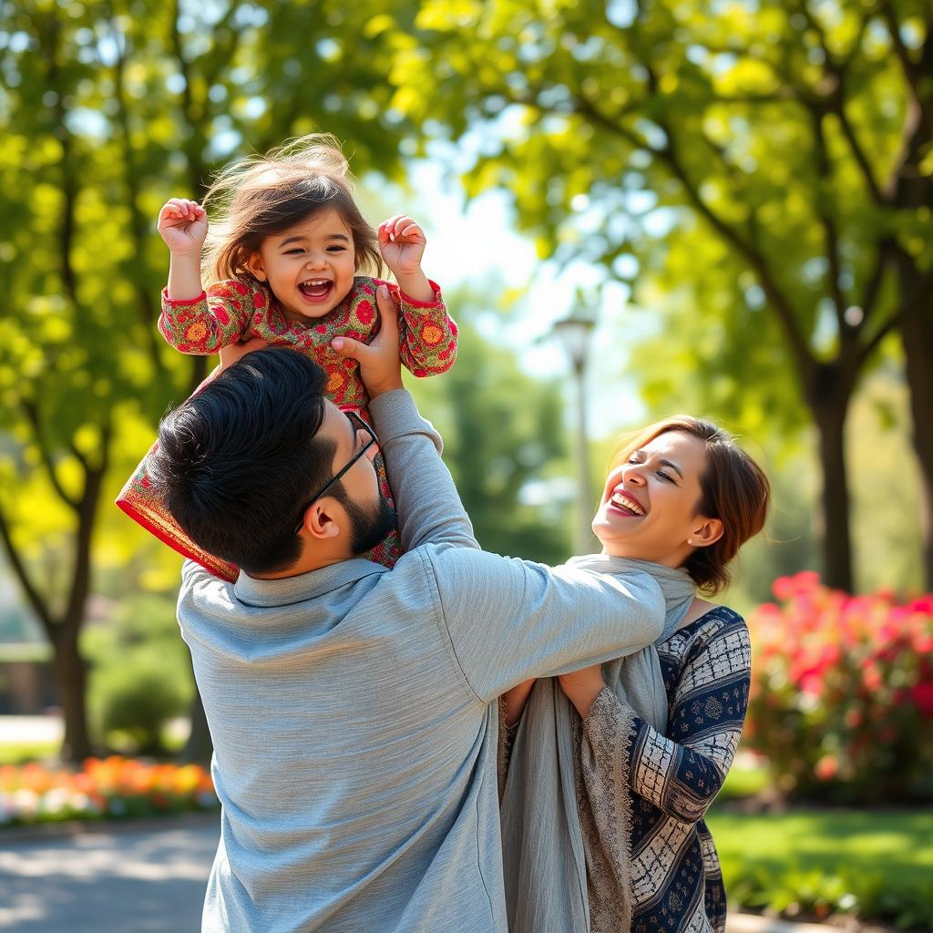 A heartwarming scene of a young Iranian girl joyfully playing with her dad in a sunny outdoor park