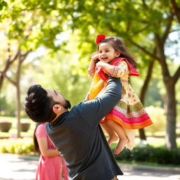 A heartwarming scene of a young Iranian girl joyfully playing with her dad in a sunny outdoor park