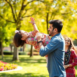 A heartwarming scene of a young Iranian girl joyfully playing with her dad in a sunny outdoor park