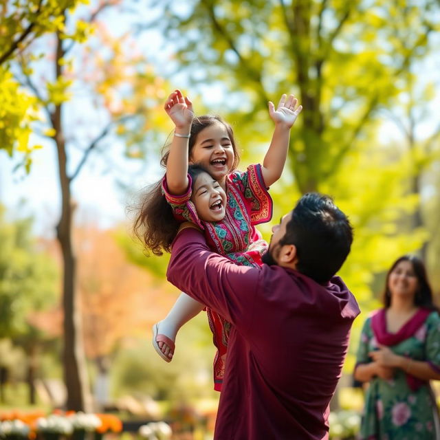 A heartwarming scene of a young Iranian girl joyfully playing with her dad in a sunny outdoor park