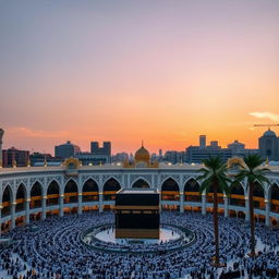A serene and majestic view of the Grand Mosque in Mecca during sunset, with the Kaaba at the center surrounded by numerous worshippers