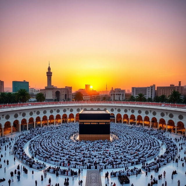 A serene and majestic view of the Grand Mosque in Mecca during sunset, with the Kaaba at the center surrounded by numerous worshippers