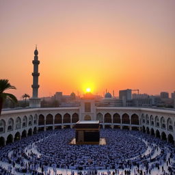 A serene and majestic view of the Grand Mosque in Mecca during sunset, with the Kaaba at the center surrounded by numerous worshippers
