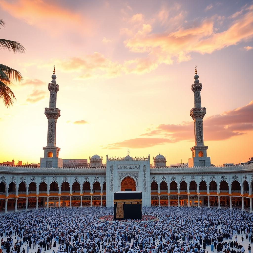 A serene and majestic view of the Grand Mosque in Mecca during sunset, with the Kaaba at the center surrounded by numerous worshippers