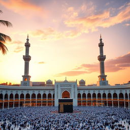 A serene and majestic view of the Grand Mosque in Mecca during sunset, with the Kaaba at the center surrounded by numerous worshippers