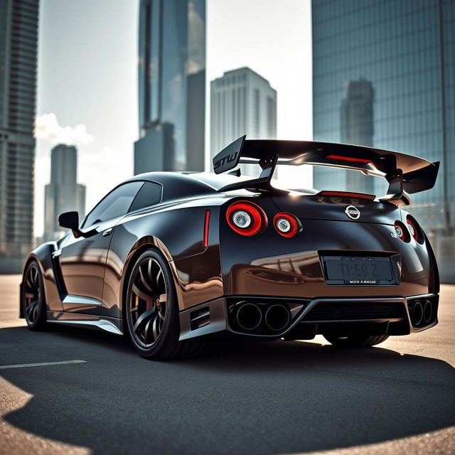 A stunning Nissan GT-R R35 featuring a prominent rear wing and an aggressive body kit, showcasing its sleek lines and sporty design