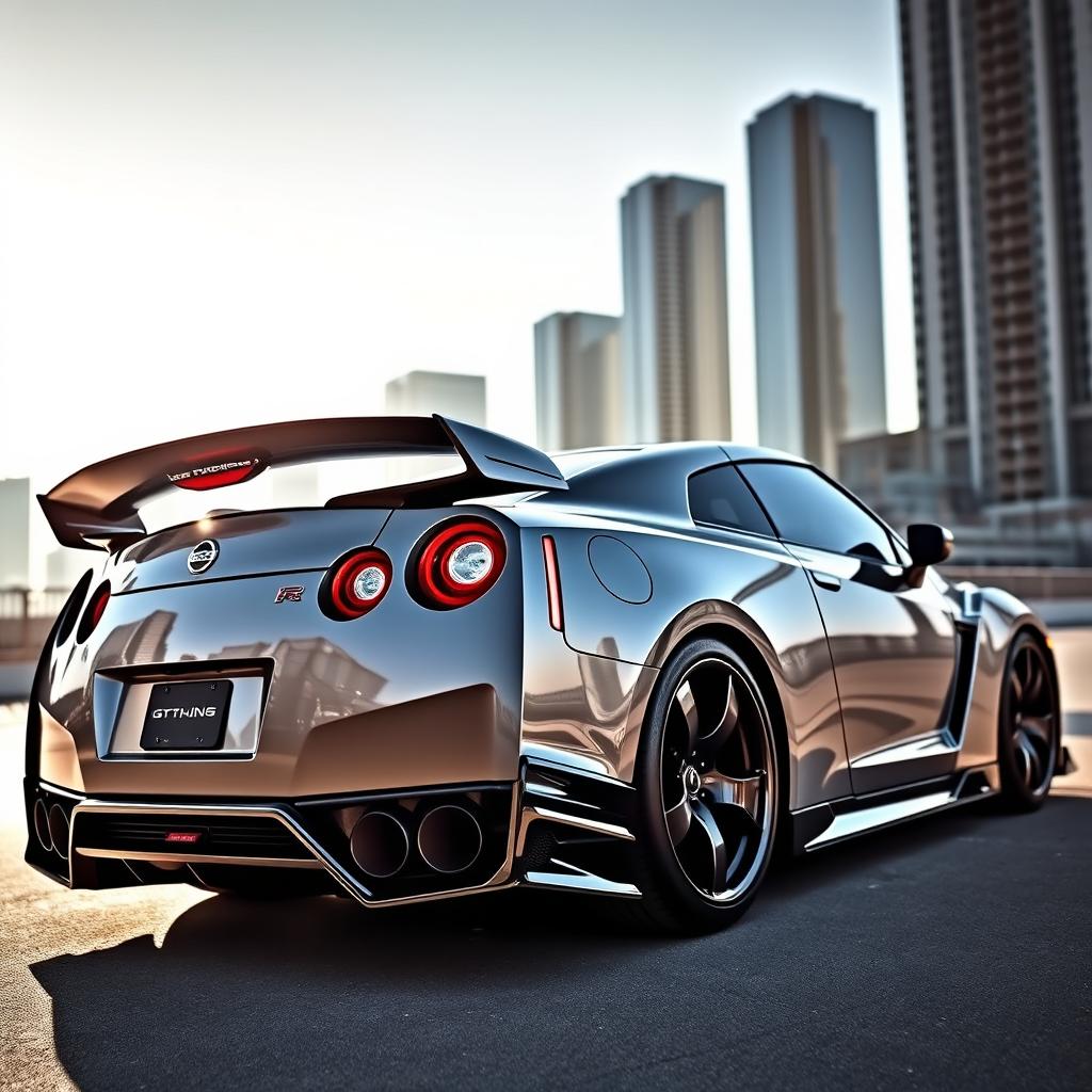 A stunning Nissan GT-R R35 featuring a prominent rear wing and an aggressive body kit, showcasing its sleek lines and sporty design