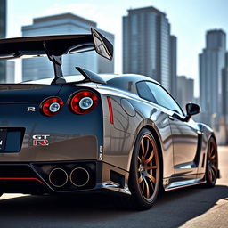 A stunning Nissan GT-R R35 featuring a prominent rear wing and an aggressive body kit, showcasing its sleek lines and sporty design