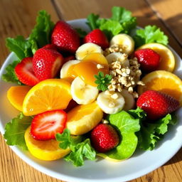 A vibrant, colorful plate of food featuring an assortment of fresh fruits and vegetables arranged artistically