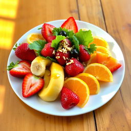 A vibrant, colorful plate of food featuring an assortment of fresh fruits and vegetables arranged artistically