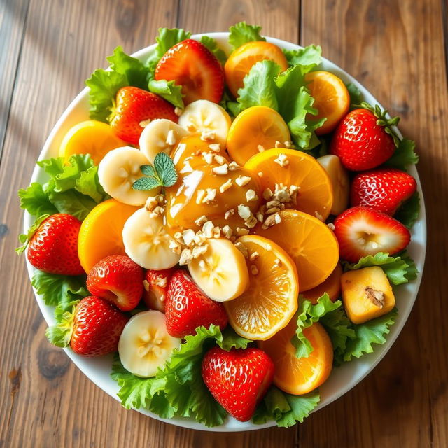 A vibrant, colorful plate of food featuring an assortment of fresh fruits and vegetables arranged artistically