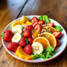 A vibrant, colorful plate of food featuring an assortment of fresh fruits and vegetables arranged artistically