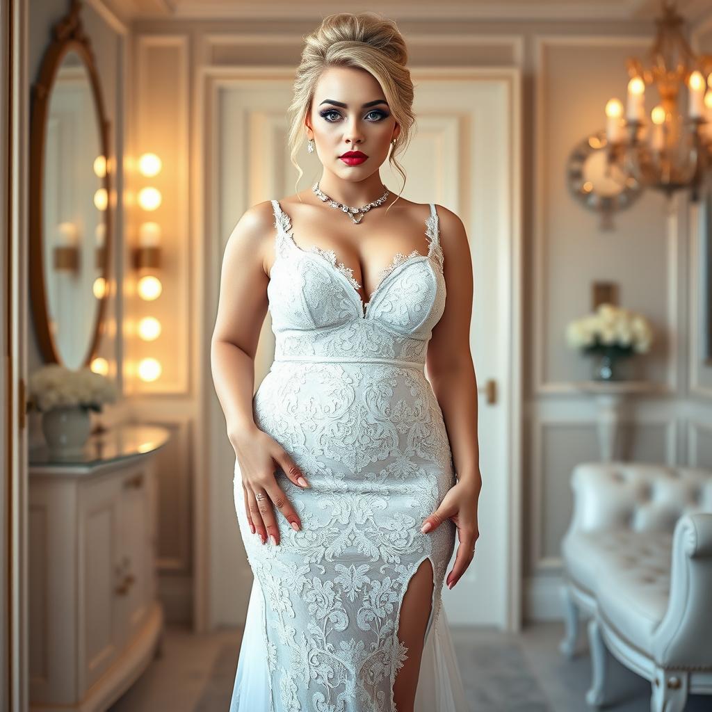 A full length photograph of a curvy 19-year-old girl with a thin face and stunning blond hair styled in an elegant updo