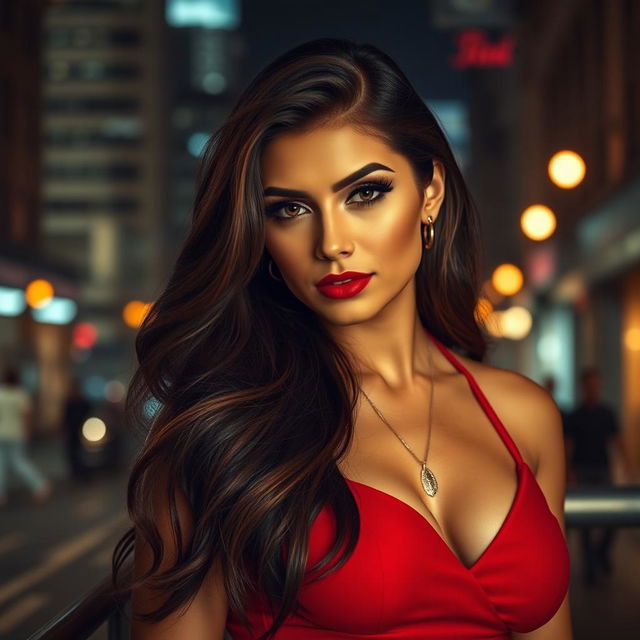 A stylish and alluring woman exuding confidence and sexiness, wearing a sultry red dress that hugs her curves perfectly