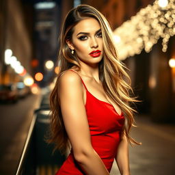 A stylish and alluring woman exuding confidence and sexiness, wearing a sultry red dress that hugs her curves perfectly