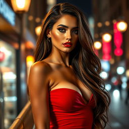 A stylish and alluring woman exuding confidence and sexiness, wearing a sultry red dress that hugs her curves perfectly
