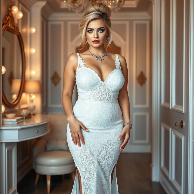 A full length photograph of a curvy 19-year-old girl with a thin face and striking blond hair styled in an elegant updo