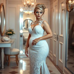 A full length photograph of a curvy 19-year-old girl with a thin face and striking blond hair styled in an elegant updo