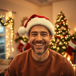 A cheerful man wearing a festive Christmas hat, with a joyful expression on his face