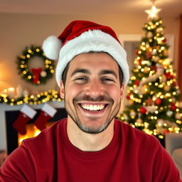 A cheerful man wearing a festive Christmas hat, with a joyful expression on his face