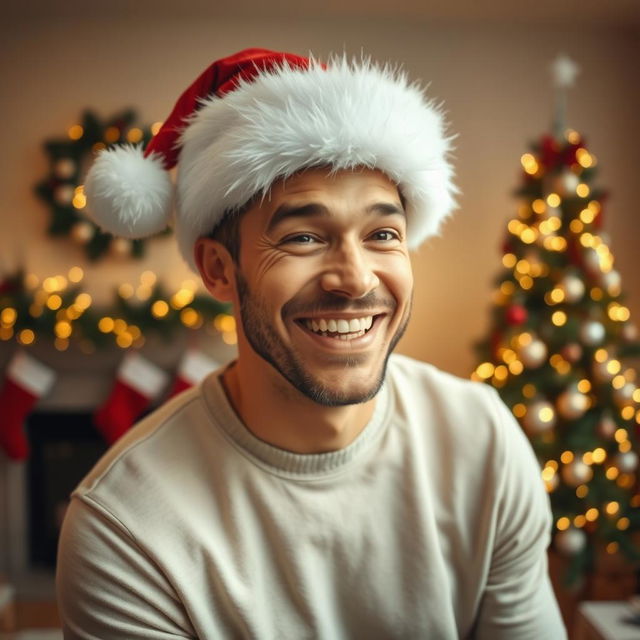 A cheerful man wearing a festive Christmas hat, with a joyful expression on his face