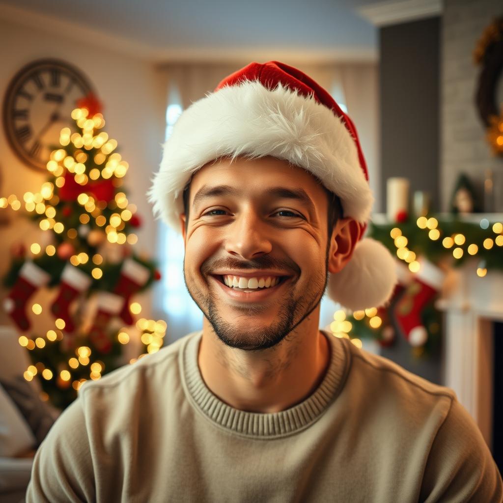 A cheerful man wearing a festive Christmas hat, with a joyful expression on his face